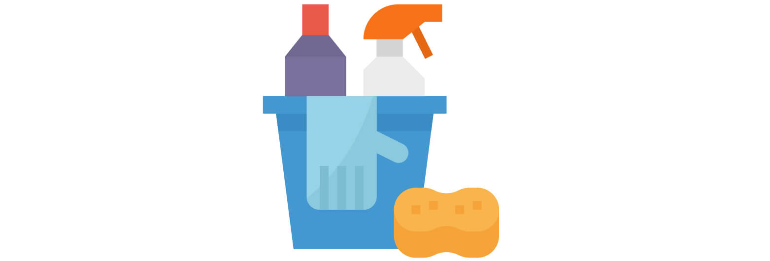 Icono de un balde con artículos de limpieza, tales como esponja, guantes y desinfectantes.