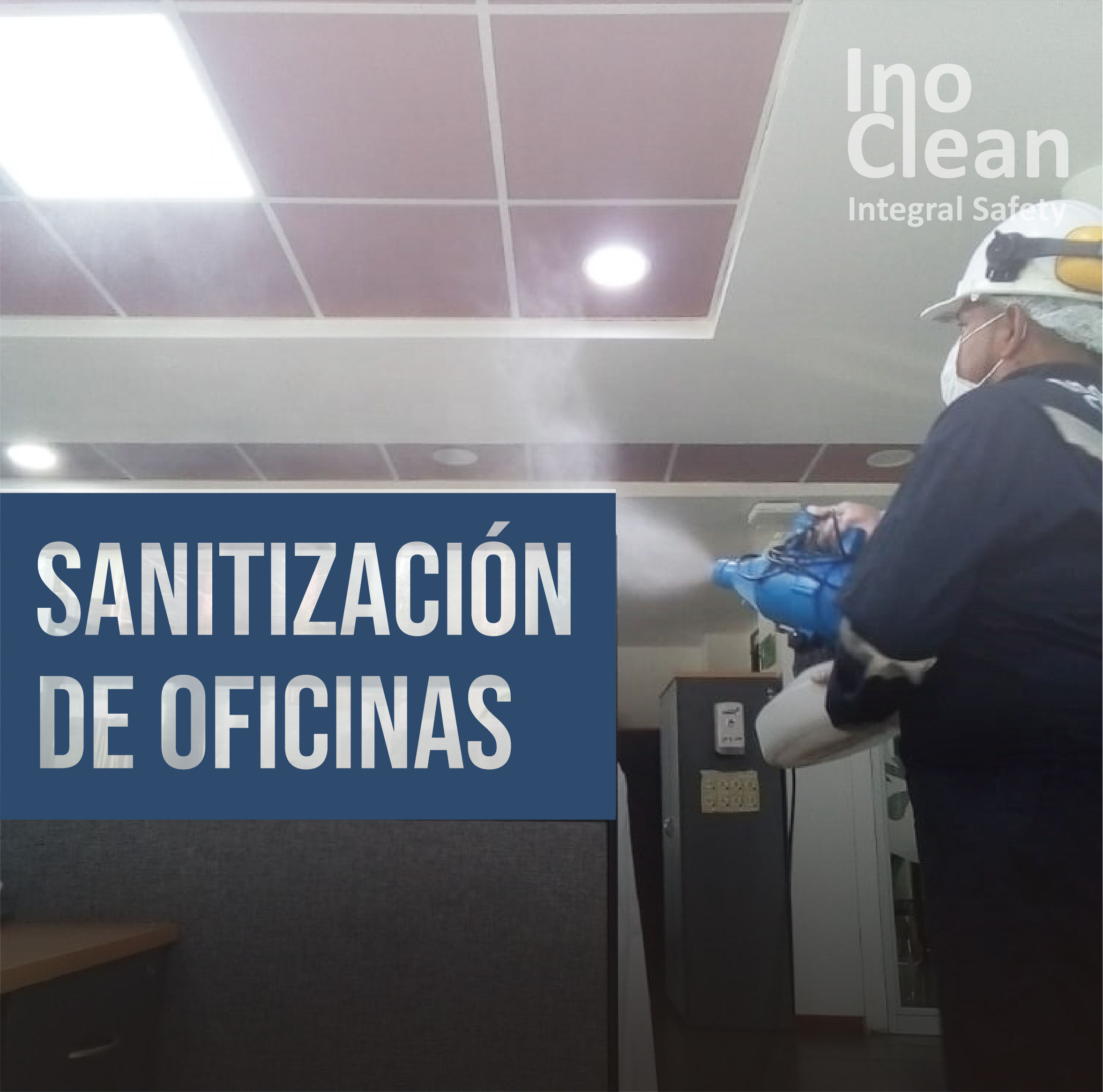 Imagen con trabajador realizando la labor de sanitización de oficina