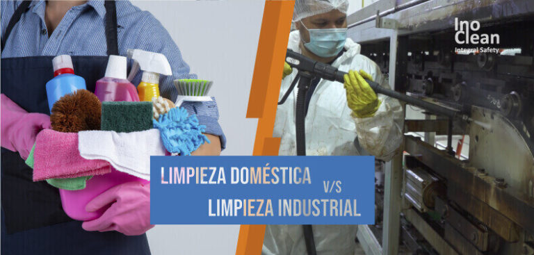 Una imagen sobre la limpieza doméstica con artículos de limpieza para el hogar y una segunda imagen que muestra una limpieza de carácter industrial