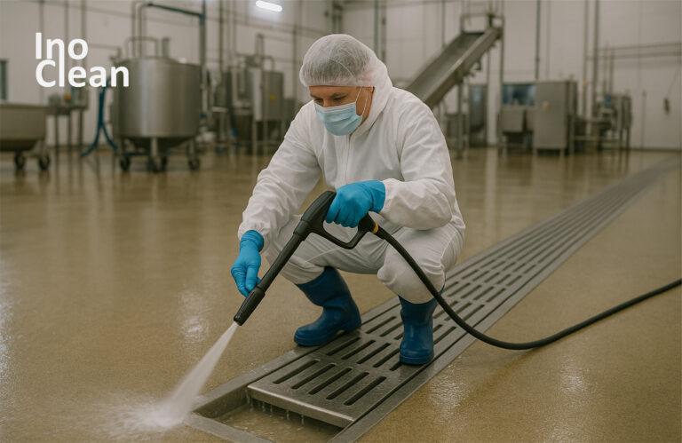 Trabajador realizando limpieza en desagüe de planta de alimentos