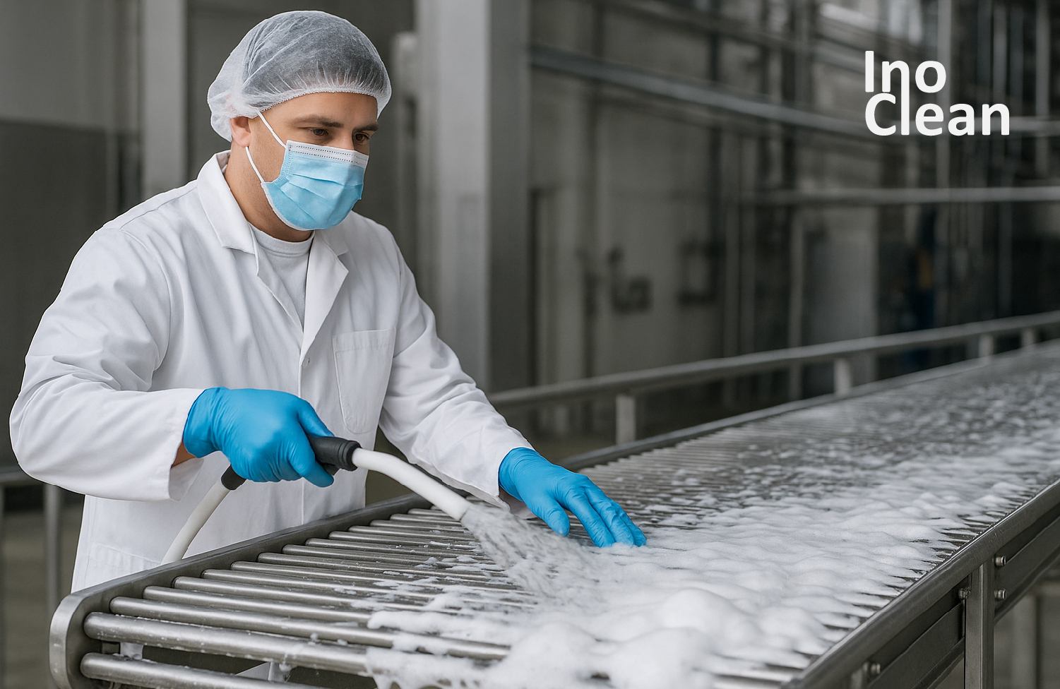 Trabajador realizando limpieza de línea productiva