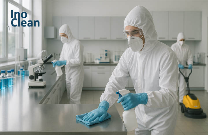 Trabajadores realizando limpieza en un laboratorio