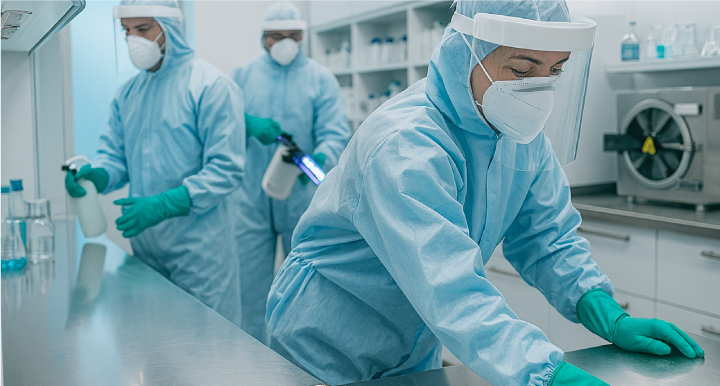 Trabajadores realizando desinfección en un laboratorio
