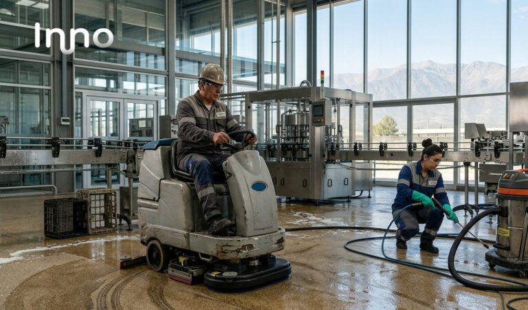 Personas realizando limpieza en una planta de producción
