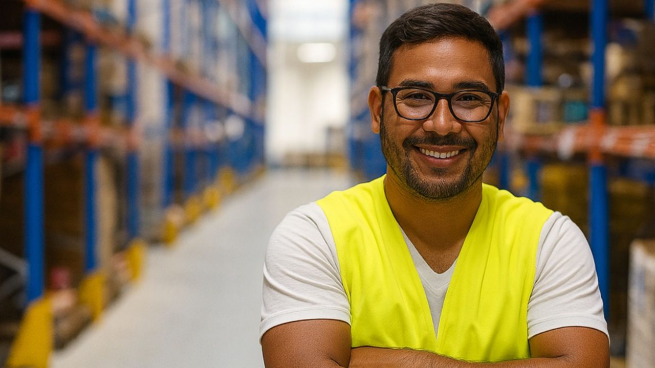 Trabajador de outsourcing logístico de Inoclean en bodega de Santiago, Chile